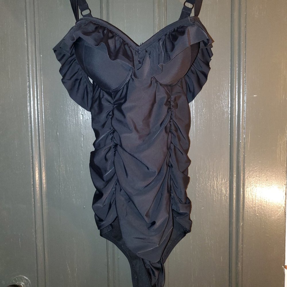 Black One Piece Bathing Suit with Convertible Straps and Off-the-Shoulder Ruffle